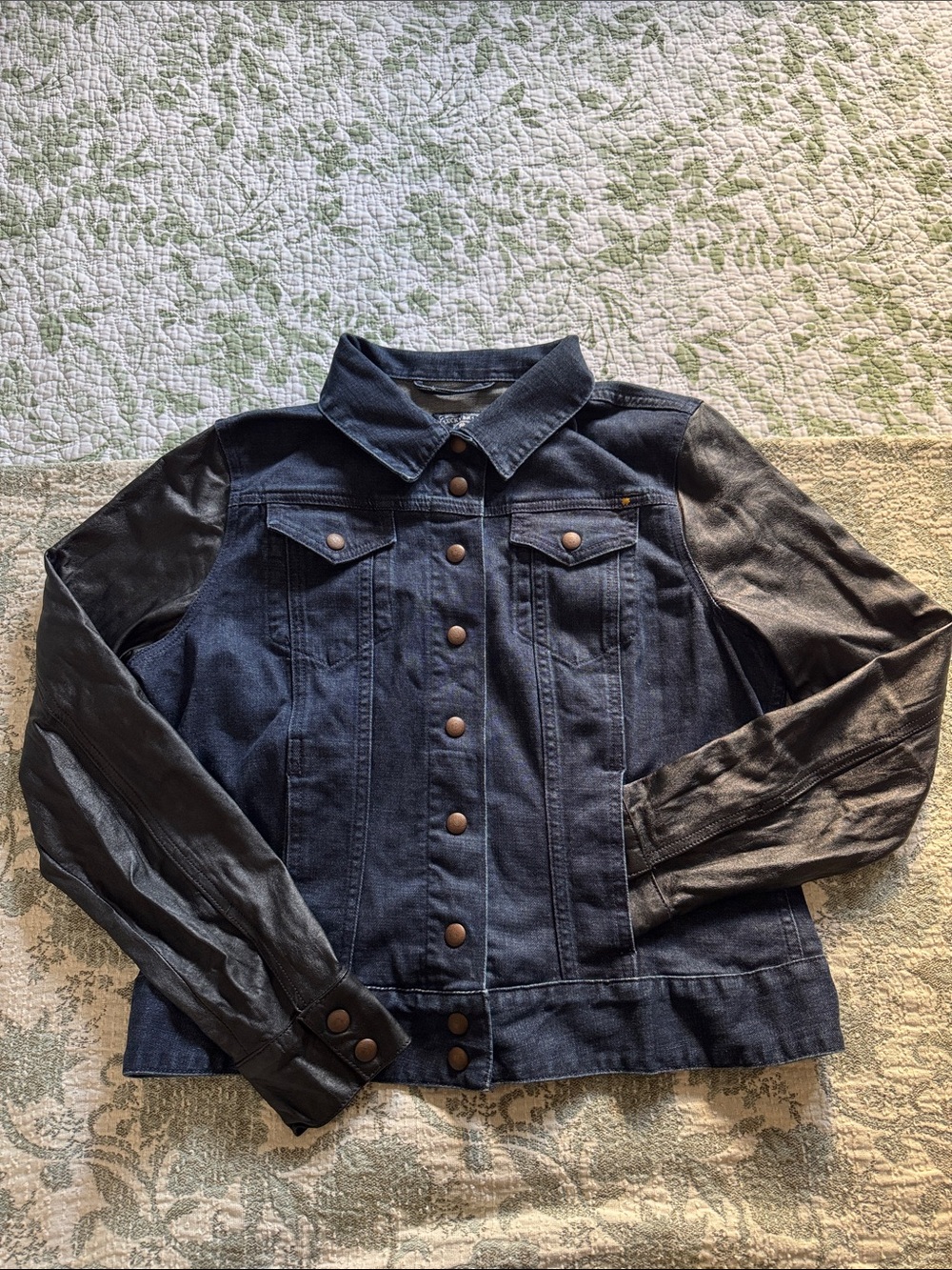 Lucky Brand Dark Blue Denim Jacket with Black Faux Leather Sleeves
